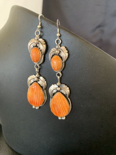 Navajo Orange Spiny Oyster Dangle Earrings | Sterling Silver | Authentic Native American Handmade | 12201