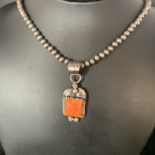 Navajo Orange Spiny Oyster Square Pendant Necklace | Sterling Silver | Authentic Native American Handmade | 13642