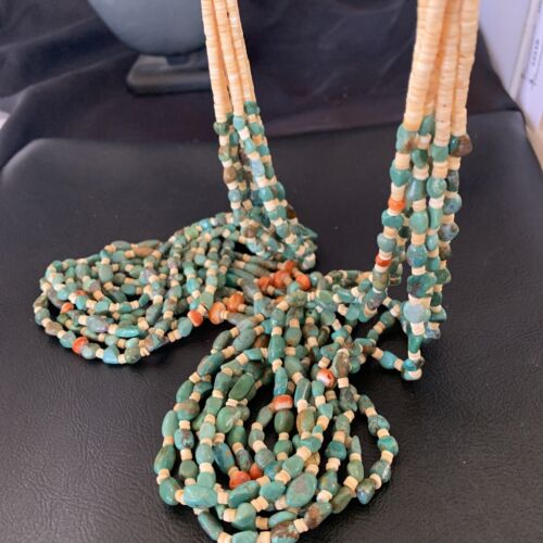 Native American Santo Domingo 7-Strand Necklace | Shell & Green Turquoise | 38" | 12051