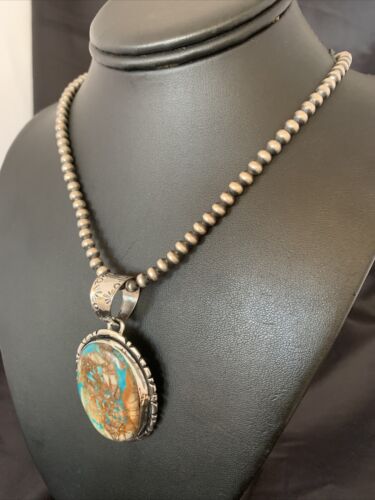 Navajo Pearls Necklace with Blue Royston Turquoise Pendant | Sterling Silver | Authentic Native American Handmade | 10629