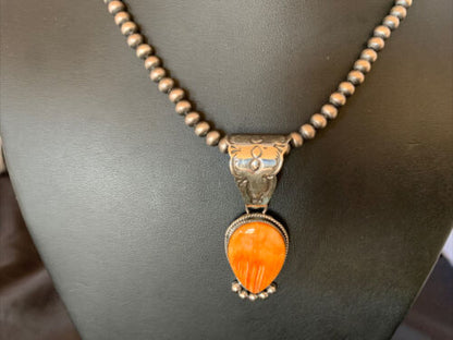 Navajo Orange Spiny Oyster Pendant Necklace | Sterling Silver | Authentic Native American Handmade | 13075