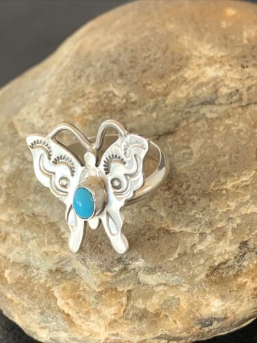 Navajo Blue Turquoise Butterfly Ring | Sterling Silver | Sz Adj 7 | Authentic Native American Handmade | 10677