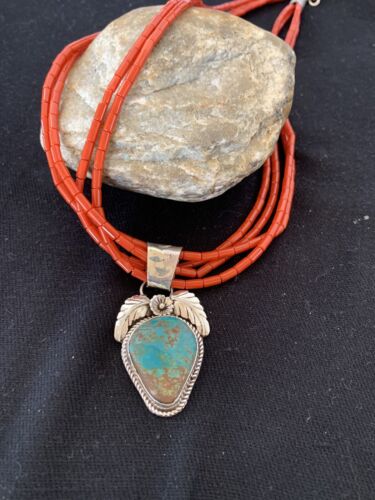 Navajo Sterling Silver Turquoise Pendant with Coral Bead Necklace | Multi-Strand | Authentic Native American Handmade | 00370