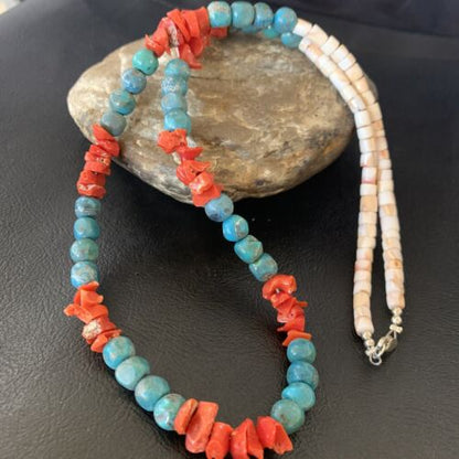 Southwestern Santo Domingo Red Coral Blue Turquoise Necklace | 28" | Authentic Native American Handmade | 12681