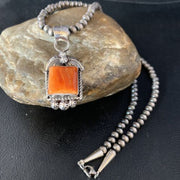 Navajo Orange Spiny Oyster Square Pendant Necklace | Sterling Silver | Authentic Native American Handmade | 13639