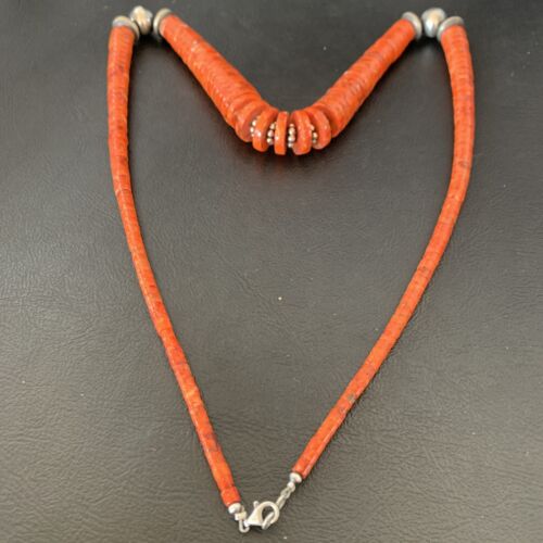 Navajo Apple Sponge Coral Bead Graduated Necklace | Sterling Silver | Authentic Native American | 25" | 11752