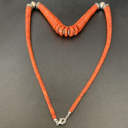 Navajo Apple Sponge Coral Bead Graduated Necklace | Sterling Silver | Authentic Native American | 25" | 11752