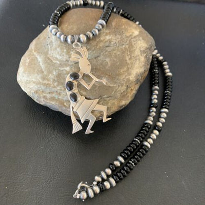 Navajo Kokopelli Pendant with Pearls, Black Onyx, and Multi-Stone | Authentic Native American Sterling Silver | 12284