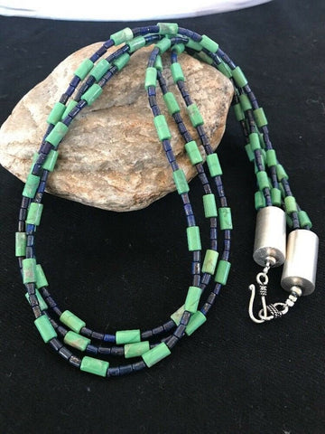 Navajo Tube Beads Lapis Turquoise Sterling Silver Necklace 3260