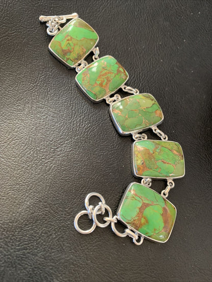 Navajo Green Mojave Turquoise Link Bracelet | Sterling Silver | 8" | Authentic Native American Handmade | 11644