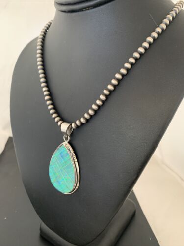 Native American Women's Navajo Green Faux Opal Pendant | Sterling Silver | 2.30" | 1895