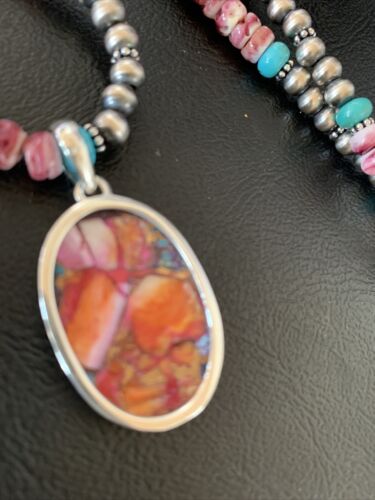 Navajo Pearl Sterling Silver Necklace with Turquoise and Purple Spiny Oyster Pendant | 13278