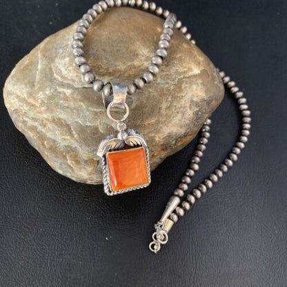 Navajo Orange Spiny Oyster Pendant | Sterling Silver Square Necklace | Authentic Native American Handmade | 13641
