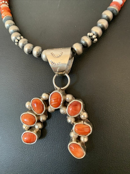 Navajo Pearls Red Spiny Oyster Cluster Naja Pendant Necklace | Sterling Silver | S283