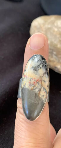 Southwestern Navajo Cinnabrite Ring | White Black | Sterling Silver | Sz 7.5 | 1557
