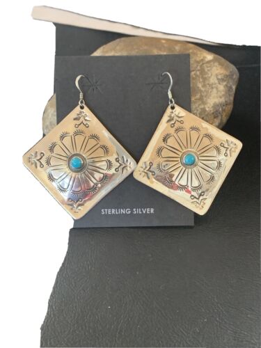 Navajo Turquoise Stamped Earrings | Sterling Silver | Authentic Native American Handmade | 1203