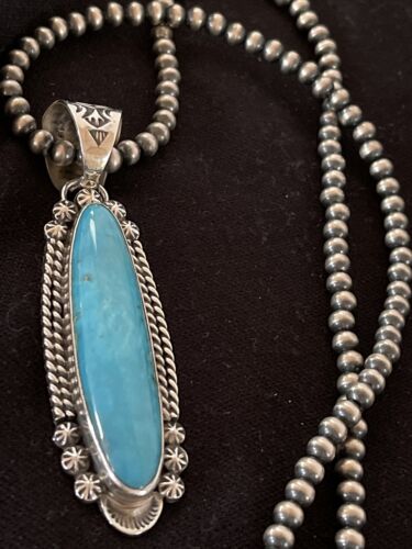 Navajo Men's Kingman Turquoise Pendant Necklace | Sterling Silver | Native American Handmade | 1069