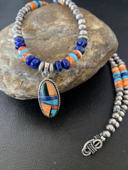 Navajo Native American Multi-Color Turquoise Spiny Inlay Pendant Necklace | Sterling Silver | 10660