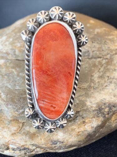 Navajo Red Spiny Oyster Ring | Sterling Silver | Sz 6.5 | Authentic Native American Handmade | 1005