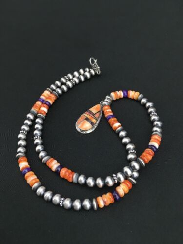 Navajo Spiny Oyster Pendant with Sugilite Inlay | Sterling Silver Necklace | Authentic Native American Handmade | 4879