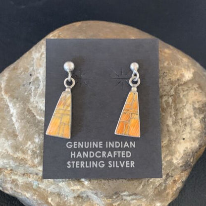 Navajo Orange Spiny Oyster Inlay Earrings | Sterling Silver | Authentic Native American Handmade | 12677