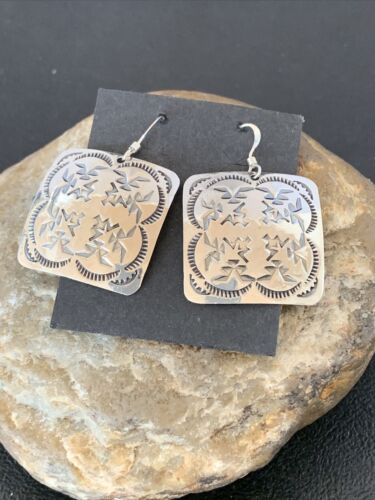 Native American Women's Dangle Earrings | Navajo Sterling Silver Stamped Handmade | 1658