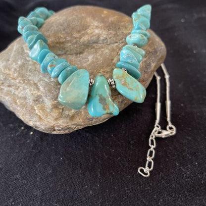 Navajo Blue Turquoise Nugget Beads Necklace | Sterling Silver | Authentic Native American Handmade | 22" | 01345