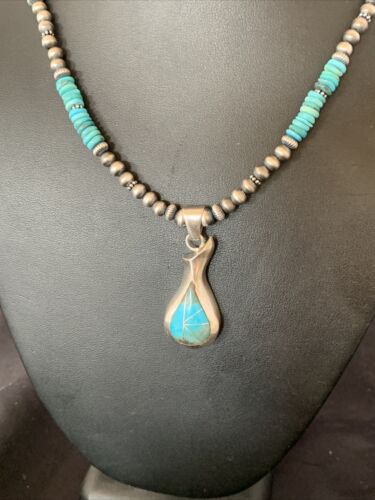Navajo Pearl Necklace with Blue Turquoise Pottery Pendant | Sterling Silver | Authentic Native American Handmade | 12502
