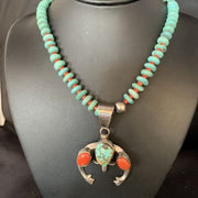 Navajo Sterling Silver Necklace | Blue Turquoise & Coral Naja Pendant | Authentic Native American Handmade | 13744
