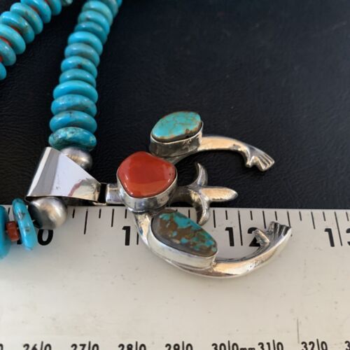 Navajo Sterling Silver Necklace with Blue Turquoise & Coral Naja Pendant | 13746