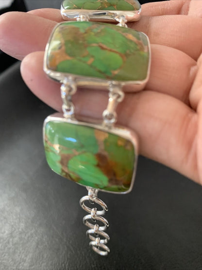 Navajo Green Mojave Turquoise Link Bracelet | Sterling Silver | 8" | Authentic Native American Handmade | 11644