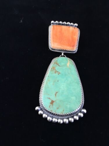 Navajo Blue Turquoise & Spiny Oyster Necklace Pendant | Sterling Silver | Native American Handmade | 10065