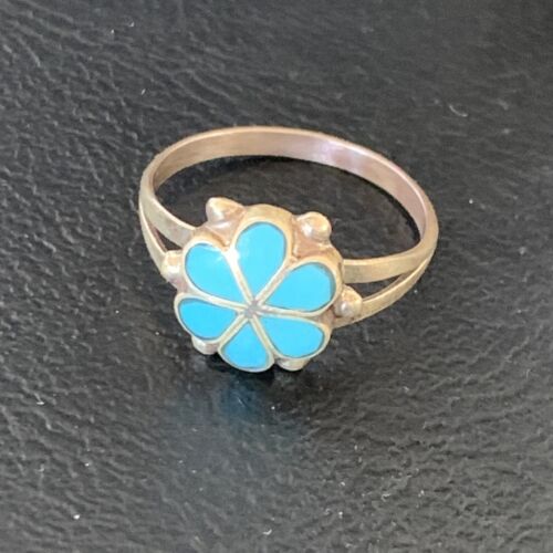 Zuni Blue Turquoise Cluster Ring | Sterling Silver Inlay | Sz 7.5 | Authentic Native American | 12945