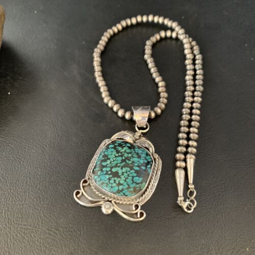 Men's Navajo Blue Spiderweb Turquoise Pendant Necklace | Sterling Silver | Authentic Native American Handmade | 14203