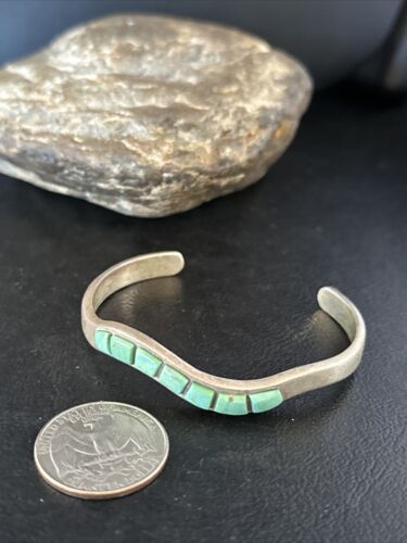 Southwestern Old Pawn Blue Turquoise Inlay Bracelet | Sterling Silver | Authentic Native American Handmade | 14531