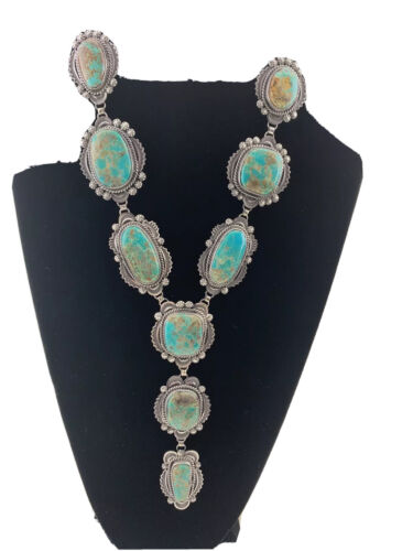 Navajo Sterling Silver Lariat Necklace with Royston Turquoise Squash Pendant | 01546