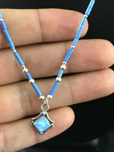 Children's Lapis Heishi Bead Necklace with Opal Pendant | Sterling Silver | 17" | 10126 - Masha USA