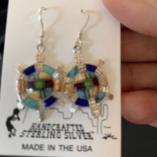 Navajo Turquoise Spiny Opal Inlay Sterling Silver Turtle Earrings | 0.5" | Handmade | 12014