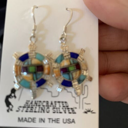 Navajo Turquoise Spiny Opal Inlay Sterling Silver Turtle Earrings | 0.5" | Handmade | 12014