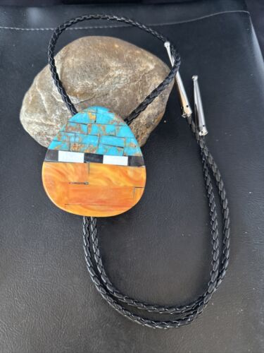 Men's Bolo Tie | Turquoise & Orange Spiny Oyster | Sterling Silver Tips | Authentic Native American Handmade | 14630