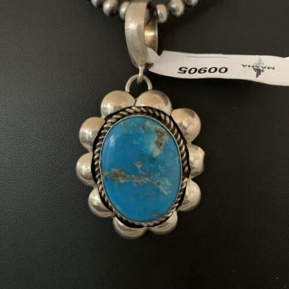 Men's Navajo Pearl Necklace with Blue Kingman Turquoise Pendant | Sterling Silver | 00905