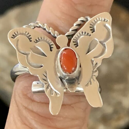 Navajo Red Spiny Oyster Butterfly Ring | Sterling Silver | Adj Sz 8 | Authentic Native American Handmade | 10342