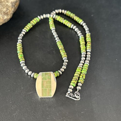Navajo Green Turquoise Inlay Pendant Necklace | Sterling Silver | 22" | Authentic Native American Handmade | 14610