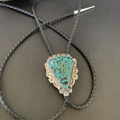 Native American Men's Bolo Tie | Blue Spiderweb Turquoise | Sterling Silver | Navajo Handmade | 12364