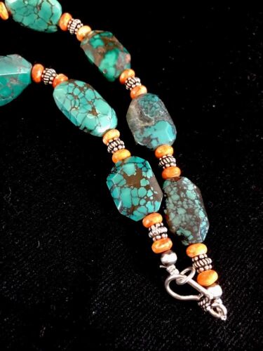 Navajo Green Turquoise Spiny Oyster Bead Necklace | Sterling Silver | Southwestern Handmade | 22" | 3221