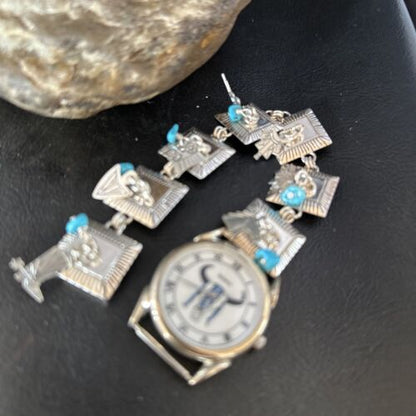Authentic Navajo Men's Blue Turquoise Wristwatch | Sterling Silver Tips | Native American Jewelry | 14397