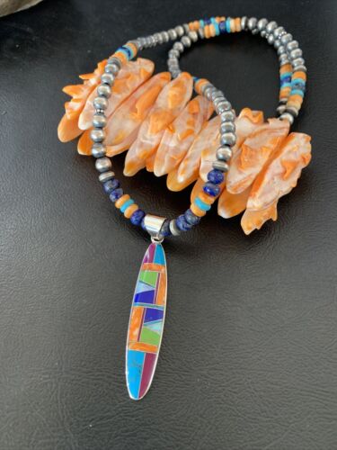 Navajo Sterling Silver Turquoise & Spiny Oyster Inlay Multicolor Necklace Pendant | Authentic Native American Handmade | 11638