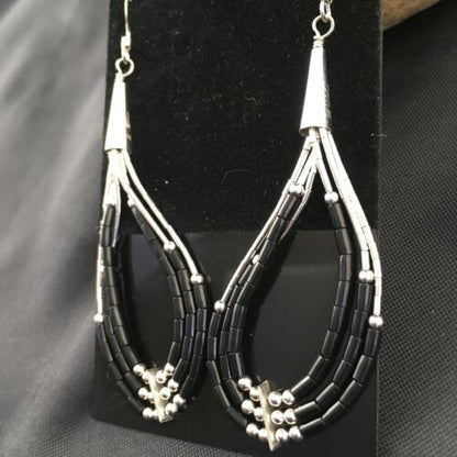 Handmade Liquid Sterling Silver Heishi Dangle Earrings | Black Onyx Tube | 2.25" | 2017