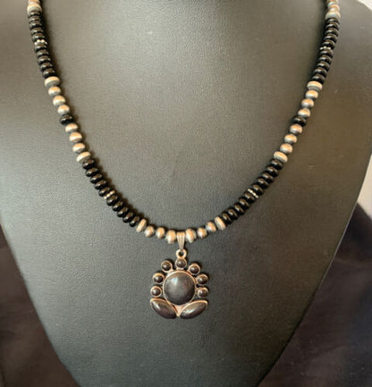 Navajo Pearl Black Onyx Necklace with Pendant | Sterling Silver | 22" | Authentic Native American Handmade | 12279