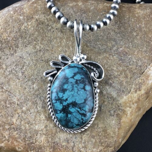 Navajo Pearls Sterling Silver Pendant with Blue Spiderweb Turquoise | 2.5" | Authentic Native American Handmade | 10164